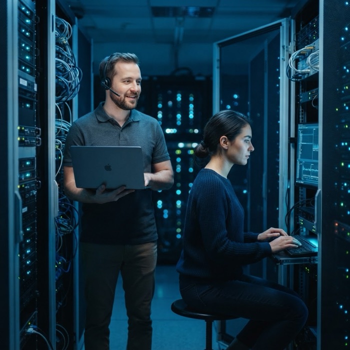 Two engineers working between server racks in a data center, one holding a laptop and wearing a headset.