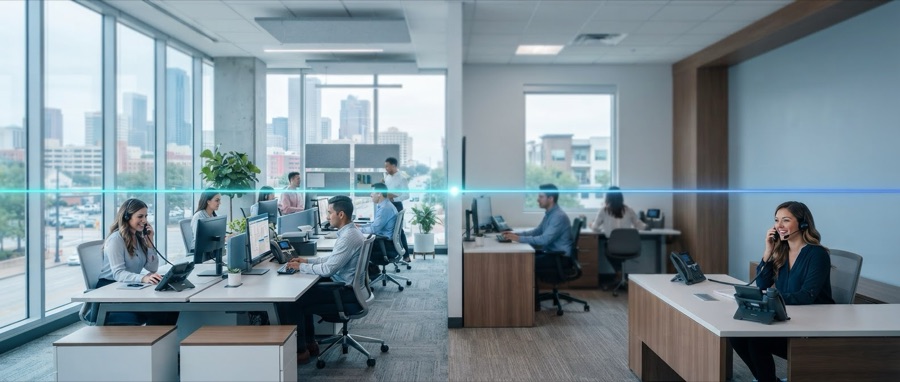 Two office spaces side by side, joined by a bright horizontal beam of light, with staff taking calls at desk phones in both.